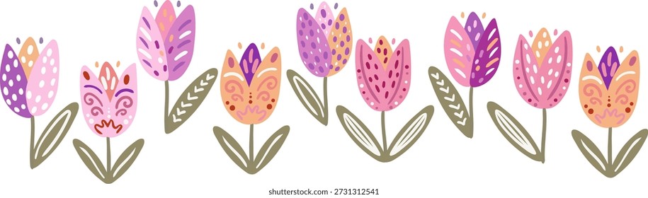 boho hand drawn tulip flowers border folk art floral elements isolated on white background for spring greeting cards decor