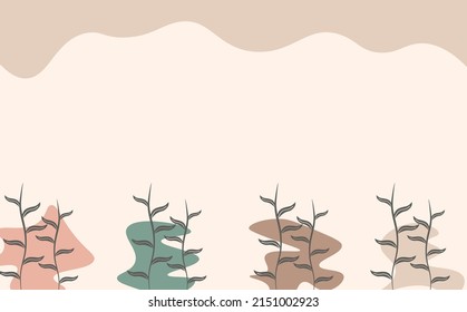 Boho hand drawn vector background with curvy shapes plant vines and pastel colored copyspace. Suitable for cover, wallpaper, prints, fabric, fashion, and backdrop.