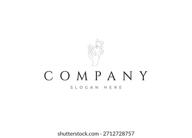 boho hand logo with natural leaf plant in a botanical line art design illustration