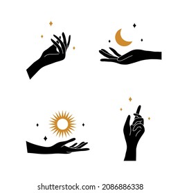 Boho hand with moon and sun. Collection of bohemian aesthetic design logos. Alchemy esoteric talismans. Vector illustration in minimalist style.