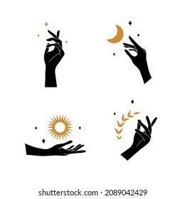 Boho hand with moon and sun. Collection of bohemian aesthetic design logos. Alchemy esoteric talismans. Vector illustration in minimalist style.