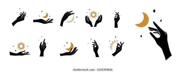 Boho hand with moon and sun. Collection of bohemian aesthetic design logos. Alchemy esoteric talismans. Vector illustration in minimalist style.