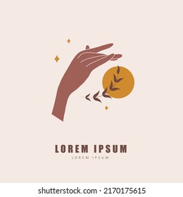 Boho Hand With Plant And Sun. Bohemian Aesthetic Logo In Pastel Colors. Alchemy Esoteric Talisman. Vector Illustration In Minimalist Style