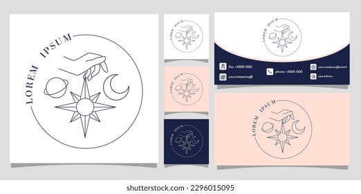 Boho hand with space logo. Collection of graphic elements for website. Person holds crescent, star and planet. Mysticism and esotericism. Cartoon flat vector illustrations isolated on white background