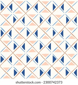 Boho Hand-Drawn Artisanal Wood Block Print Geometric Vector Seamless Pattern. Hans-Stamped Mirrored Triangles Organic Lines Background. Global Nomadic Design