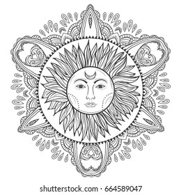 Boho hand-drawn vintage sun with doodle mandala. Gypsy and hipster vector illustration for coloring book, t-shirts design, tattoo.