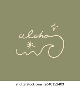 Boho handmade doodle style Aloha Hawaii vibe logo lettering, ideal for summer t-shirt, surf studio poster and more, hand drawn text with decor elements vintage vector clipart