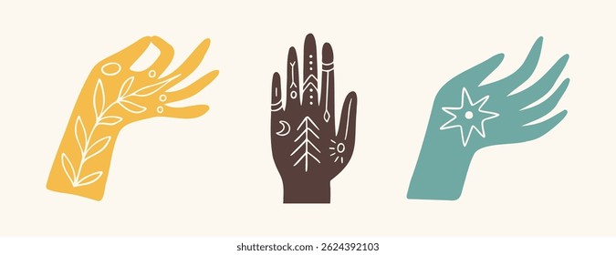boho mãos arte conjunto místico. Reiki meditação bruxaria mão sagrado mística mão desenhada cor doodle símbolo ilustração vetor. Ilustração vetorial