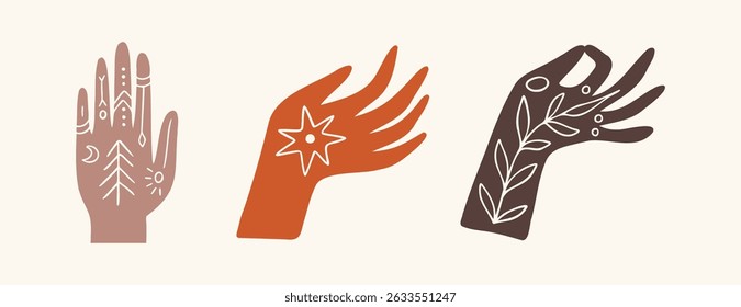 boho hands art mystical set. Reiki meditation hand witchcraft sacred mystical hand drawn color doodle symbol vector illustration. Vector illustration