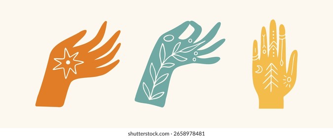 boho hands art mystical set. Reiki meditation hand witchcraft sacred mystical hand drawn color doodle symbol vector illustration. Vector illustration