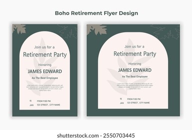 Boho Happy Retirement flyer, vintage, old, elder, festive, congratulations, party, chill, cool, beach, peace, graduation, ribbon, balloon, white, pension, senior, vector, art, confetti, greeting card