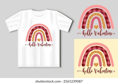 Boho Happy Valentines day concept with t-shirt mockup, boho rainbow with inscription HELLO VALENTINE