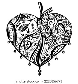 Boho heart with branches, swirls and flowers. Vector graphic. Greeting card.
