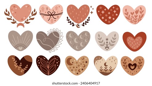 Boho heart clipart. Valentines day clip art. Valentine hearts in cartoon flat style. Bohemian love illustration