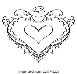 Boho heart decorative border for a wedding or for a  card on St. Valentine's Day. Doodle. Black lines on White.