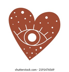 Boho Heart Icon. Mysticism And Esotericism, Bohemian Style. Eye Pattern, Witchcraft And Sorcery, Magic. Space, Galaxy And Universe. Energy And Power Concept. Cartoon Flat Vector Illustration