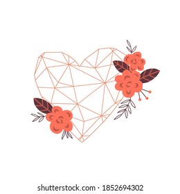 Boho Heart shaped Crystal stone with Folk florals vector clip-art for cosy romantic Valentine’s Day design