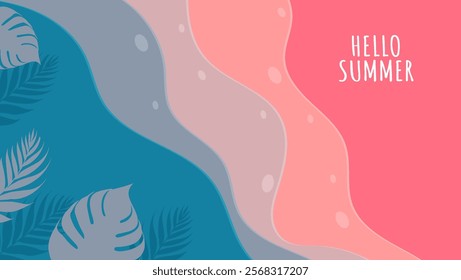 Boho Hello Summer template and background with tropical leaves. Horizontal design for banner poster or greeting card