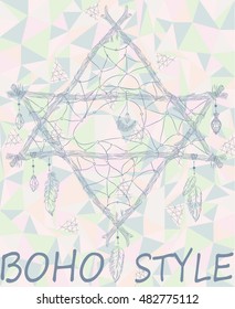Boho hexagram dreamcatcher with feathers on the triangle background. Hand drawn. Vector illustration.