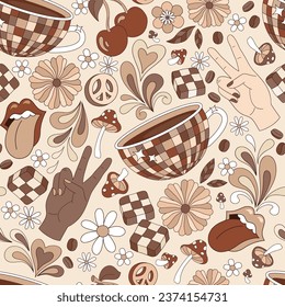 Boho hippie floral cuppa café café gesto de paz disco vector patrón sin fisuras. Fondo de café gruñón.