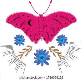 Boho hippie illustration with butterfly and chamomile flowers. 
