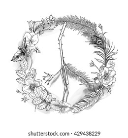 Boho Hippie Peace Sign Wreath. Vector illustration.