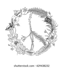 Boho Hippie Peace Sign Wreath. Vector illustration.