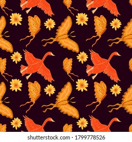 Boho hippie seamless pattern with swans, butterfly and chamomile flowers.