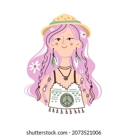 Boho or hippie style fashion outfit. Cute flat illustration isolated on white background. Fashionable girl with pink hair in a T-shirt with a pacifics sign in a hat and earrings with feathers.