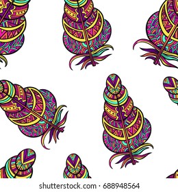 Boho hipster hand drawn doodle seamless pattern with feathers eps10 Zentangle style