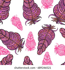 Boho hipster hand drawn doodle seamless pattern with feathers eps10