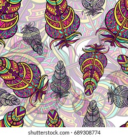 Boho hipster hand drawn doodle seamless pattern with feathers eps10