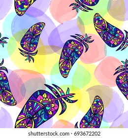 Boho hipster hand drawn doodle seamless pattern with feathers eps10