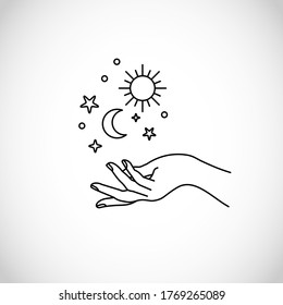 Boho, hipster vector art of hands with sun, moon and stars	