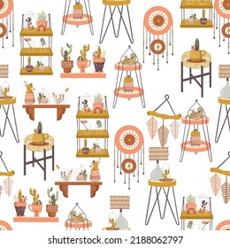 Boho Home Decor and Furniture Objects Vector Seamless Pattern