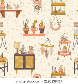Boho Home Decor And Plants Vector Seamless Pattern