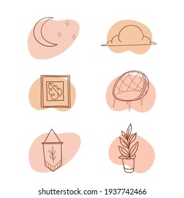 
boho home doodle icon set in beige color  on the white background