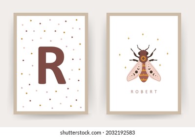 Boho honeybee. Posters with kid name. Scandinavian design for children room wall decor. Cute pastel vector illustration in cartoon style.