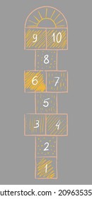 Boho Hopscotch kid activity game isolated on gray background. Design carpet children games drawn colored crayons in which play outside. Vector illustration.