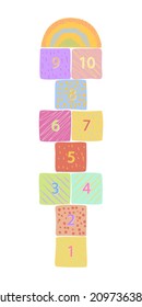 Boho Hopscotch kid activity game isolated on white background. Design carpet children games drawn colored crayons in which play outside. Vector illustration.