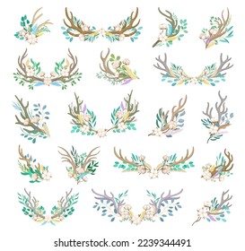 Boho Horns and Antlers Decorated with Cotton Buds and Floral Twigs Big Vector Set