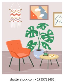 Boho house interior, modern armchair, furniture of living room, scandinavian cozy home
