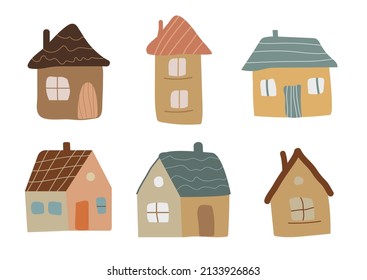 Boho houses collection. Bohemian flat design. Real estate concept. Buildings set for kid nursery. Isolated vector stock illustration