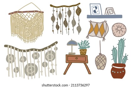 Boho hyuge interior elements macrame panel sketch doodle hand drawn separate elements furniture big set on white background