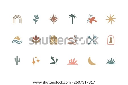 Boho icon set. Celestial and natural design elements, perfect for web, cover stories, printing, tattoes and posts. Isolated abstract vector symbols on white background.