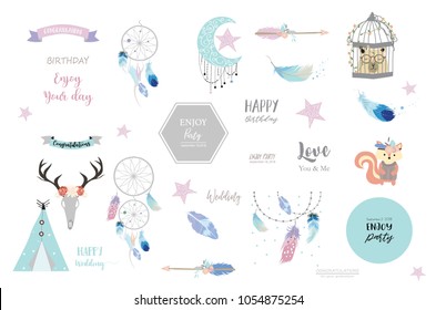 boho icons with feather,squirrel,wild,moon,star,arrow,cage,bear and tent