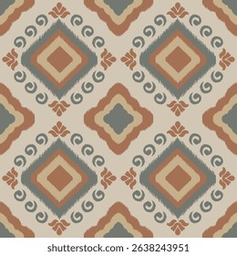 Boho ikat seamless pattern with geometric tribal design in earthy tones for textile backgrounds, ideal for digital wallpaper, vintage home decor, or artisan craft projects across global markets