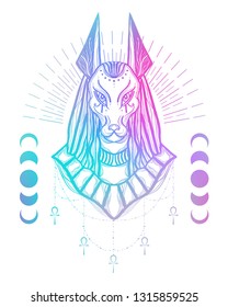 Boho illustration with Anubis head - egyptian God of death and war. Symbol of next world, kingdom of dead. Pastel colors in 80s-90s style.