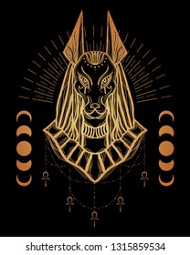 Boho illustration with Anubis head - egyptian God of death and war. Symbol of next world, kingdom of dead