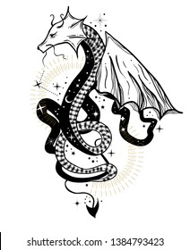 Boho illustration in art tattoo style with dragon. Fantasy animal